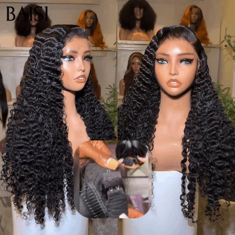 BAISI 13x6 Perruque deep wave en Noir Sans Colle Lace déjà couper Facile à Porter Perruques sans colle taille standart réglable avec 3 grandeurs S , M , L 1 bonnet en 3 en 100% Cheveux Humains