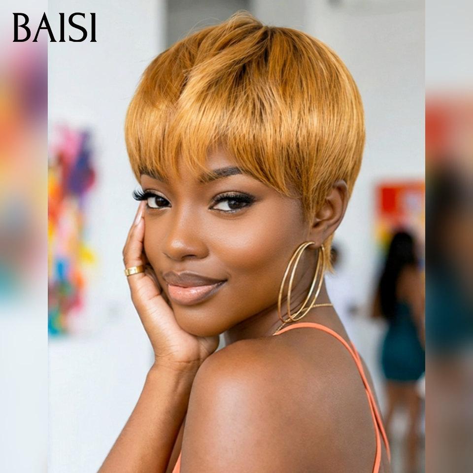 BAISI pixie perruque PROMO 45€ sans colle Sans lace Lisse Miel 4T30#  en 100% Cheveux Humains