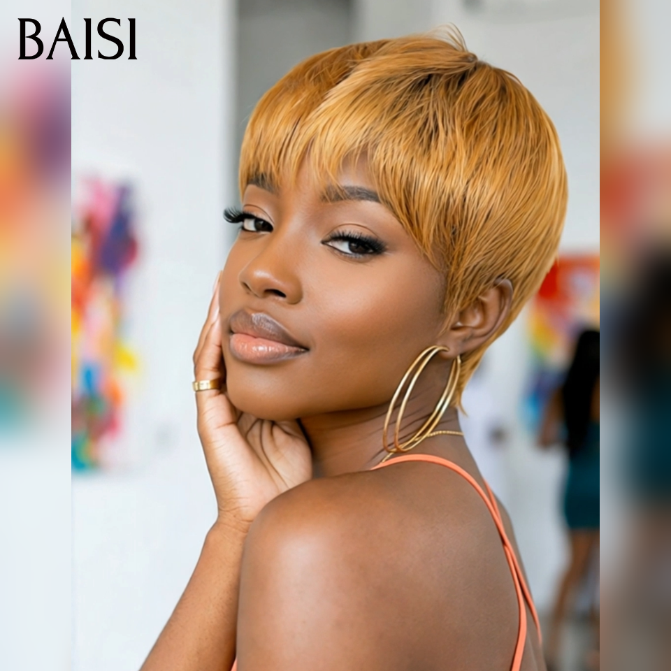 BAISI pixie perruque PROMO 45€ sans colle Sans lace Lisse Miel 4T30#  en 100% Cheveux Humains