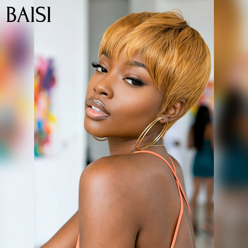 BAISI pixie perruque PROMO 45€ sans colle Sans lace Lisse Miel 4T30#  en 100% Cheveux Humains