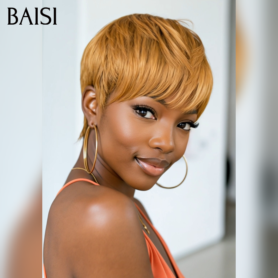 BAISI pixie perruque PROMO 45€ sans colle Sans lace Lisse Miel 4T30#  en 100% Cheveux Humains
