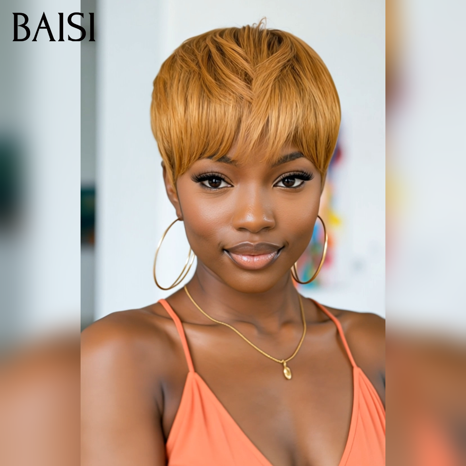 BAISI pixie perruque PROMO 45€ sans colle Sans lace Lisse Miel 4T30#  en 100% Cheveux Humains