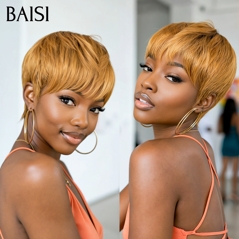 BAISI pixie perruque PROMO 45€ sans colle Sans lace Lisse Miel 4T30#  en 100% Cheveux Humains