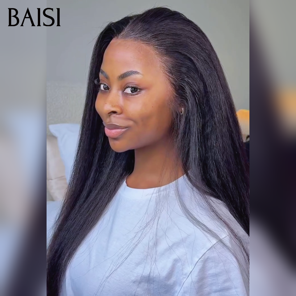 BAISI Perruques Lace Frontale kinky straight Sans Colle lace déjà coupée en NOIR en 100% vrais cheveux humains hair