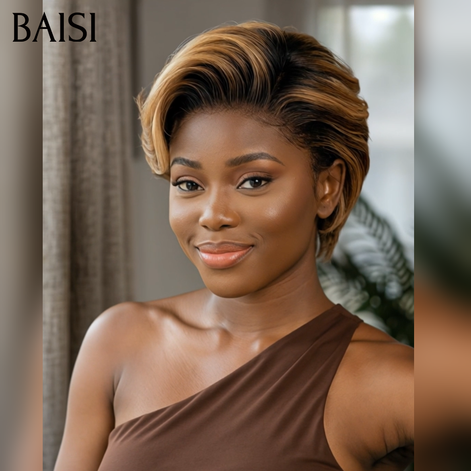 BAISI Offre Flash 13x4 Perruque Pixie boucles en mixte miel ou Noir Moitié Prix 50€ 200% densité Orange Pixie Coupe Pré-plucked 100% Cheveux Humains MP50