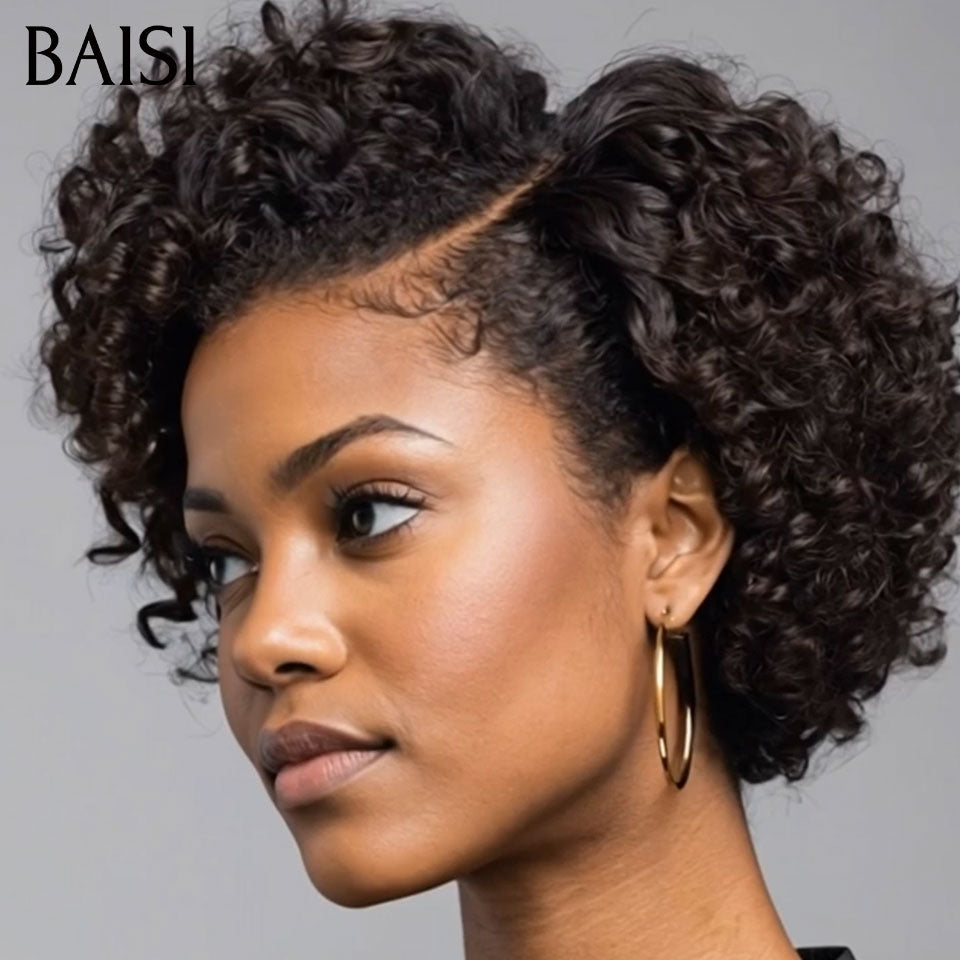 BAISI Perruque 2 Bonne Qualité 119€ pixie lisse et curly wave ou pixie lisse frontale 80€ Moitié Prix NOIR En 100% Cheveux Humains