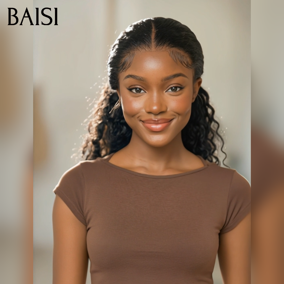 BAISI  Perruque Coiffée 13x4 lace frontale en chignon bun NOIR curly wave en 100% vrais cheveux humains