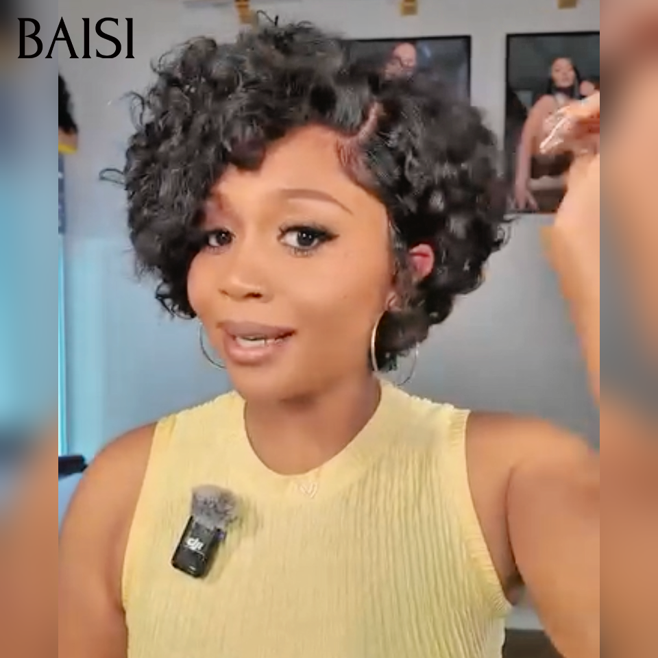 Promotion  Perruque pixie curly wave  39€  ou 4X4 closure curly wave noir 1B# perruque  10 pouces 69€ closure  en 100% Cheveux humain