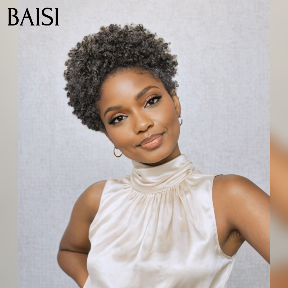 BAISI pixie afro curly perruque PROMO 40€ sans colle Sans lace NOIR en 100% Cheveux Humains
