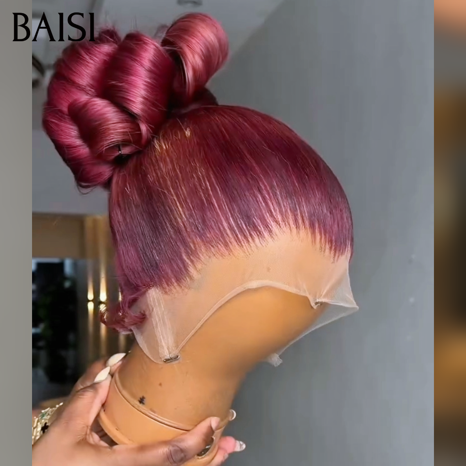 Nouveau produit 13x4 lace frontal Perruque avec Chignon de nattes PROMO Body wave Bordeaux en 100% Cheveux Humains