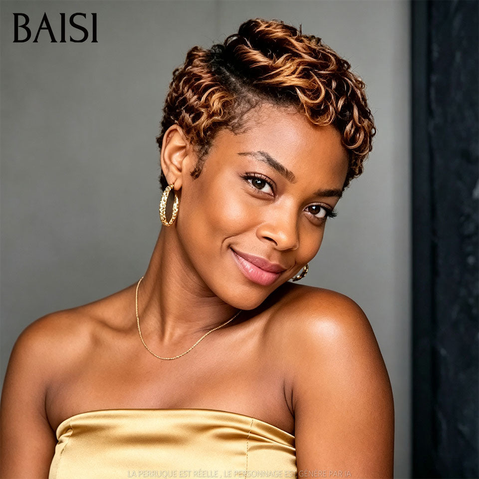 BAISI  Perruque Chiomas 59€ Pixie Finger Wave petite coupe Lace Frontale en Couleur NOIR 68€ En 100% Cheveux Humains