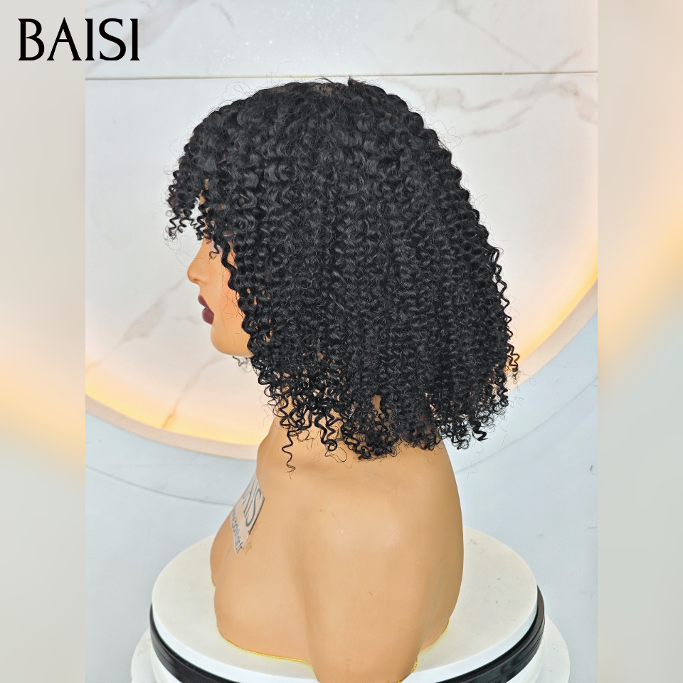 BAISI  Perruque BOB curly Wave avec Frange petite coupe fabriqué à la machine 10 Pouce promo 70€ En 100% Cheveux Humains