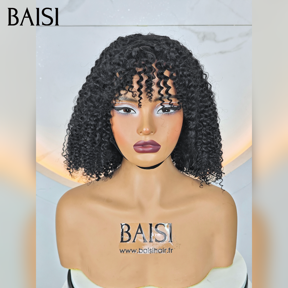 BAISI  Perruque BOB curly Wave avec Frange petite coupe fabriqué à la machine 10 Pouce promo 70€ En 100% Cheveux Humains