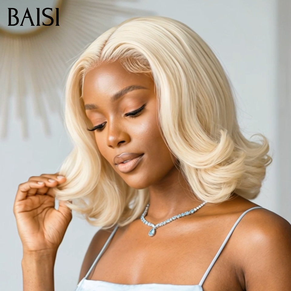 BAISI 13x4 lace frontal Perruque Bouclée Egg Wave 100€  12 Pouces en couleur blonde 613#  En 100% Cheveux Humains