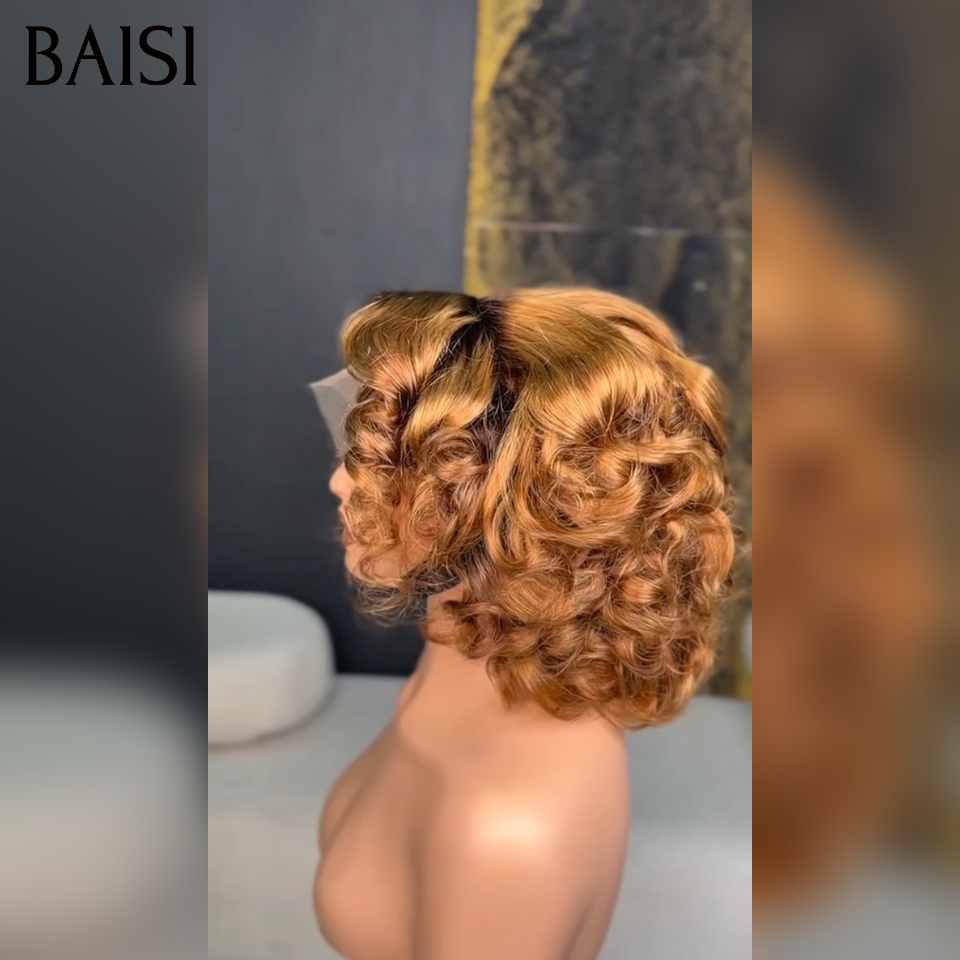 Promotion 13x4 lace frontal Perruque boucle egg wave 10 Pouce 68€ BOB en couleur Marron 4T30# en 100% Cheveux Humains