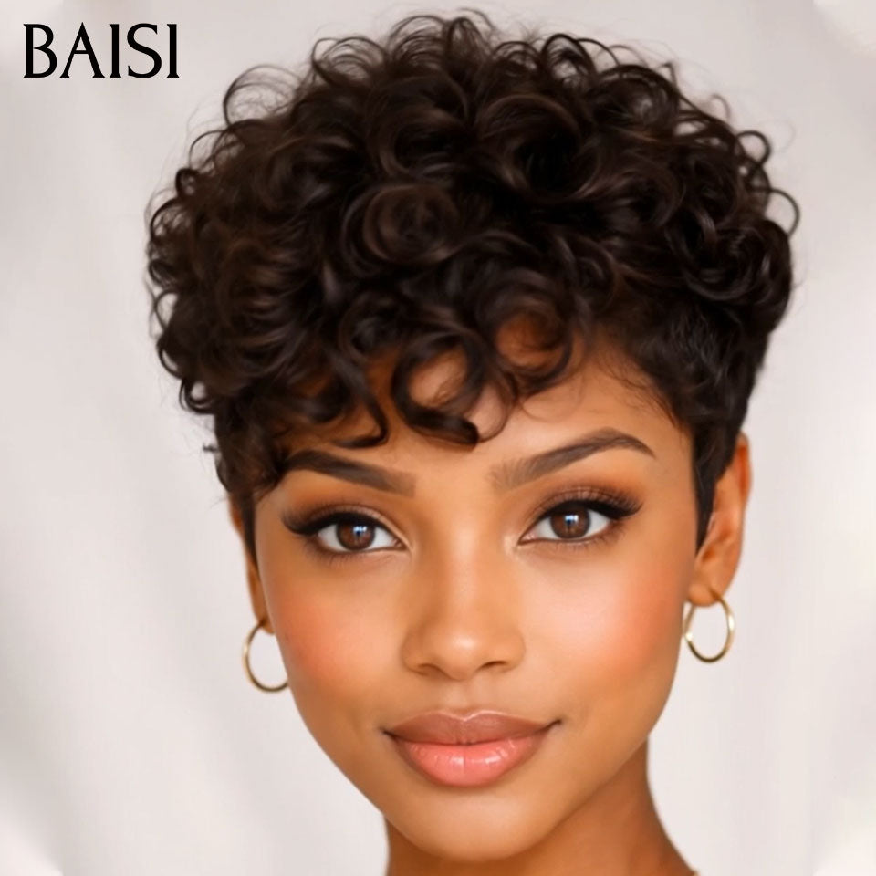 BAISI lot de Perruque 2 Bonne Qualité 149€ (curly wave frontale 16p + finger wave sans colle ) ou Pixie 13X4 lace Lisse  66€ Coiffure moitié prix 100% Cheveux Humains MP50