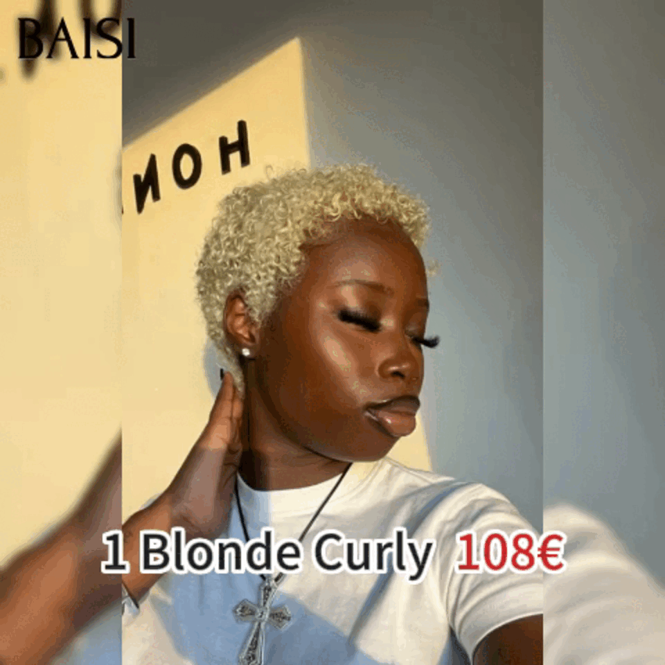 BAISI 13X4 Frontale  Perruque Pixie  petite coupe NOIR 6 pouces 79€ ou 1 pixie Blonde Curly  108€ En 100% Cheveux Humains