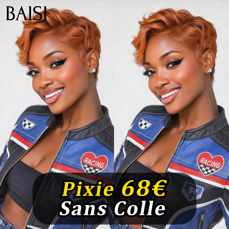 Sans colle pixie vague 68€ Moitié prix produit en couleur orange en 100% Cheveux Humains
