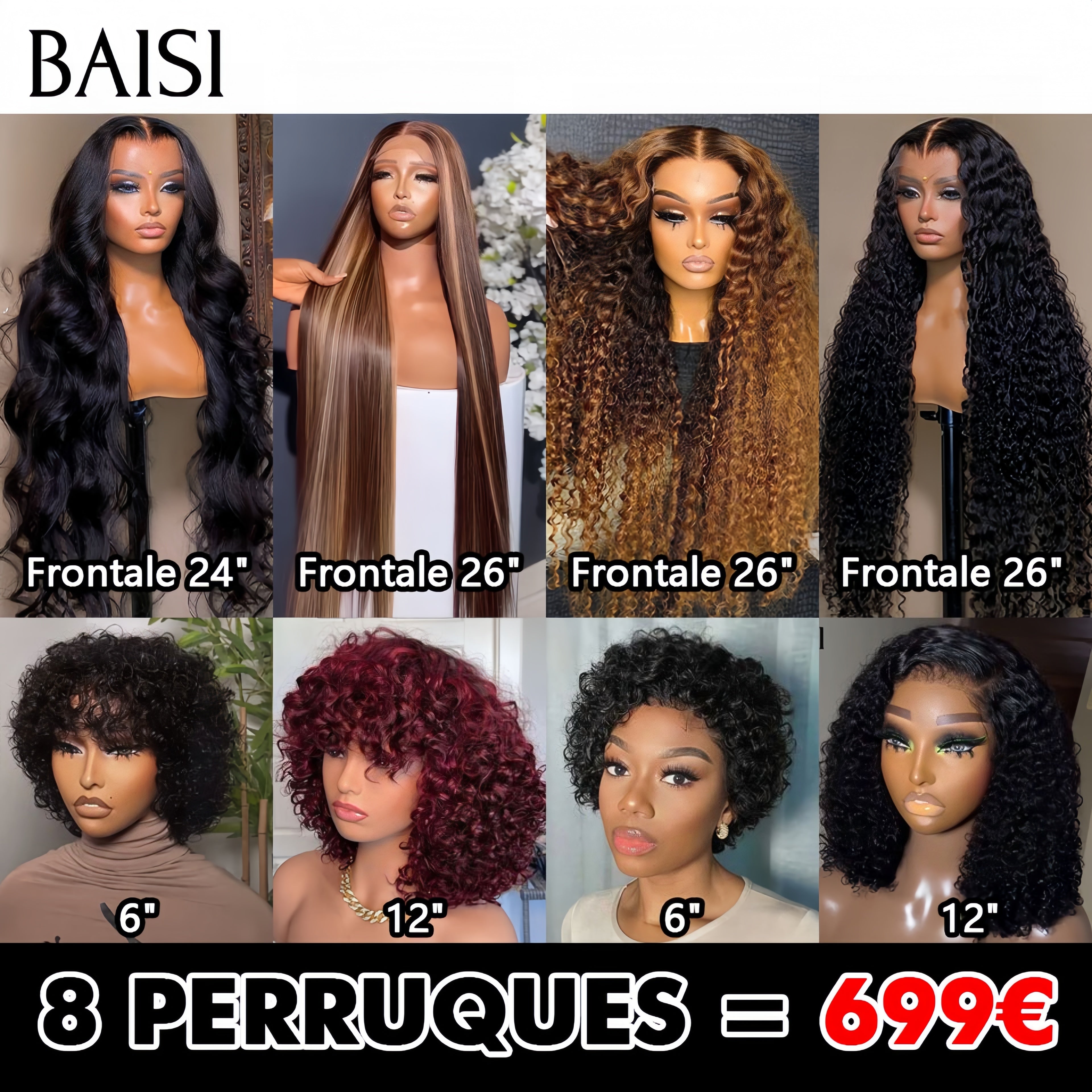 BAISI vendita flash 8 parrucche in 100% capelli umani veri 699€ (non serve codice)