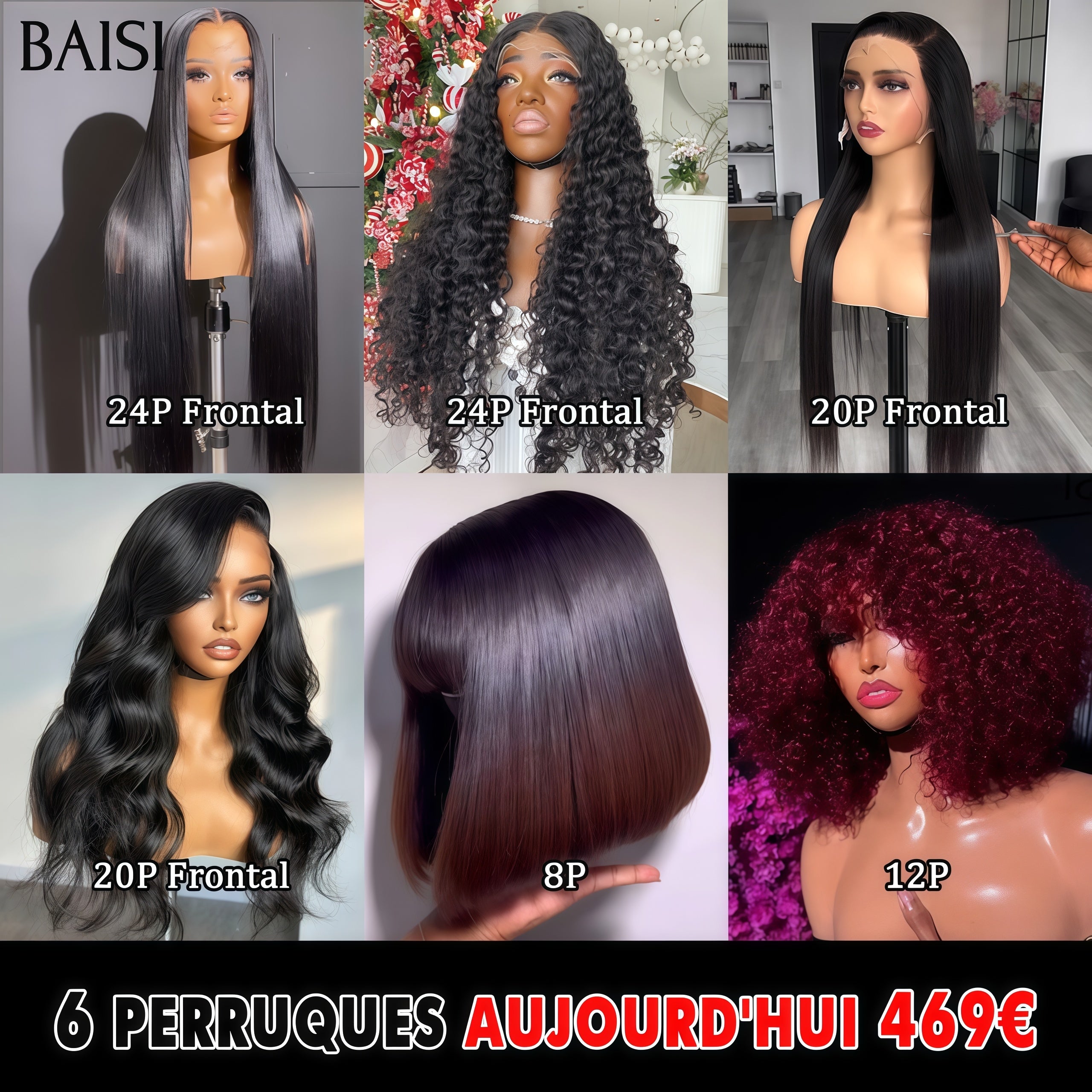 BAISI 6 perruques 469€ à  moitié prix en France 6 styles de perruques différents en 100% cheveux humains