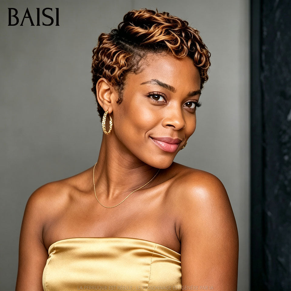 BAISI  Perruque Chiomas 59€ Pixie Finger Wave petite coupe Lace Frontale en Couleur NOIR 68€ En 100% Cheveux Humains