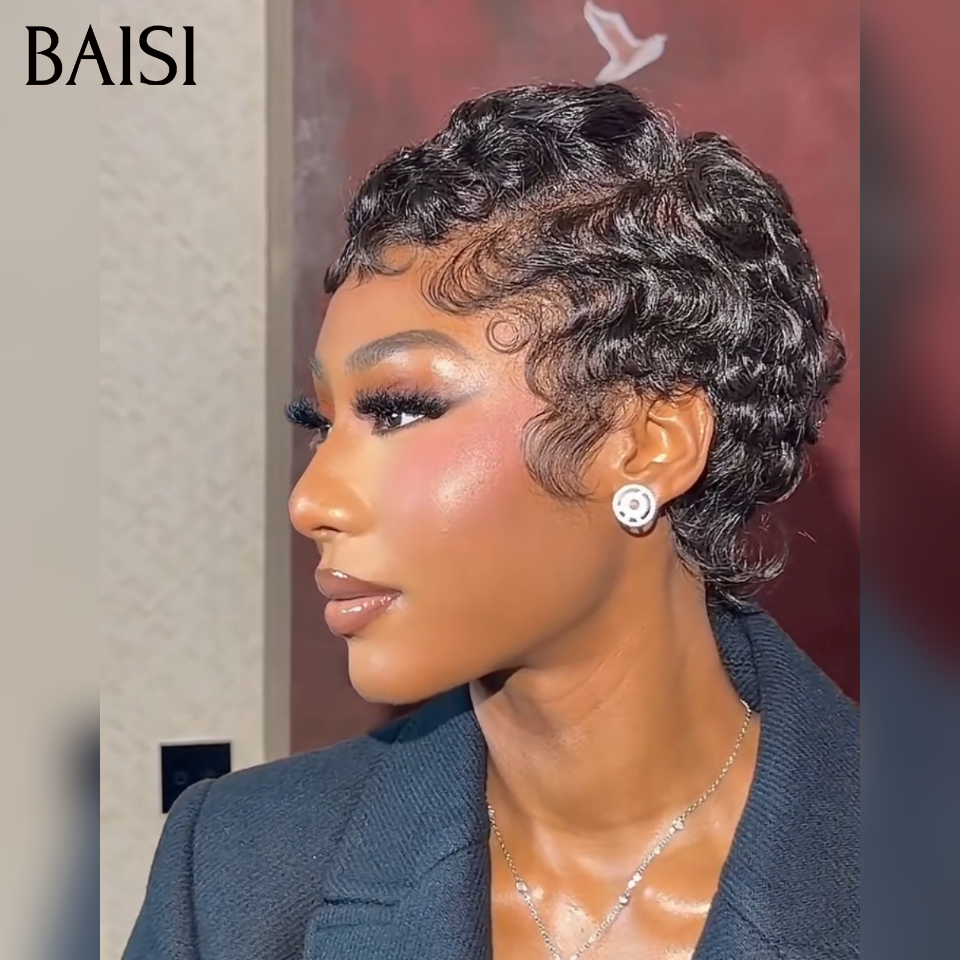 BAISI Parrucca Pixie Finger Wave taglio corto 13x4 Frangia in pizzo 6 pollici 79€ In 100% Capelli Umani