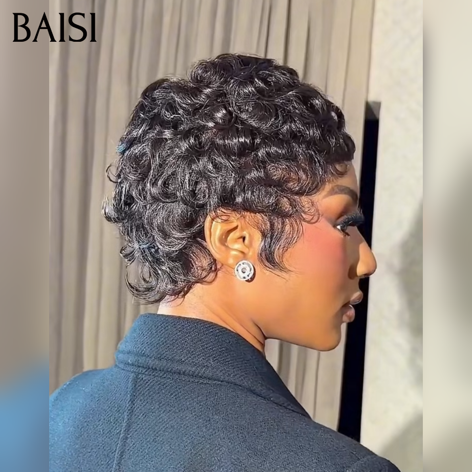 BAISI Parrucca Pixie Finger Wave taglio corto 13x4 Frangia in pizzo 6 pollici 79€ In 100% Capelli Umani
