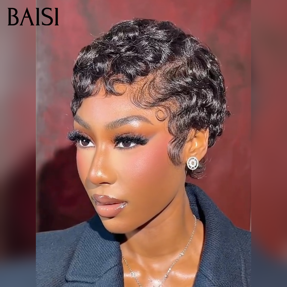 BAISI Parrucca Pixie Finger Wave taglio corto 13x4 Frangia in pizzo 6 pollici 79€ In 100% Capelli Umani