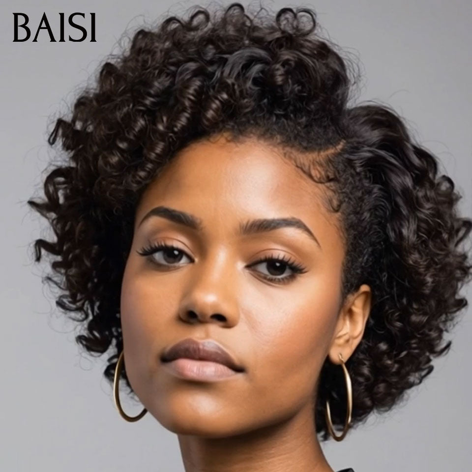 BAISI Perruque 2 Bonne Qualité 119€ pixie lisse et curly wave ou pixie lisse frontale 80€ Moitié Prix NOIR En 100% Cheveux Humains