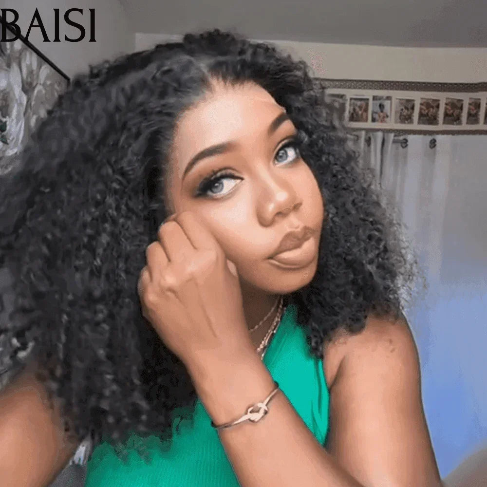 BAISI 13X4 lace  perruque Afro Curly Wave avec 4C hairline 16 pouces naturel sans colle 300% densité plus de 20 ans d' utilisations 100% vrais cheveux humains