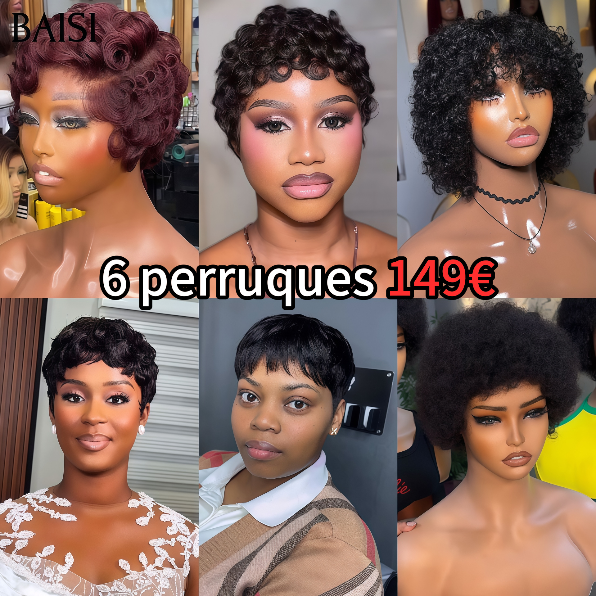 BAISI pixie 6 perruques 149€ PROMO 200% densité afro curly et lisse et finger wave sans lace sans colle en 100% Cheveux Humains fabriqué à la machine FR38