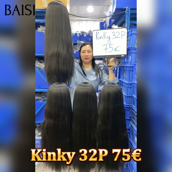 promotion perruque 75€ 32 Pouces Kinky Straight en Noir Blended human hair sans Colle en 100% Cheveux Humains