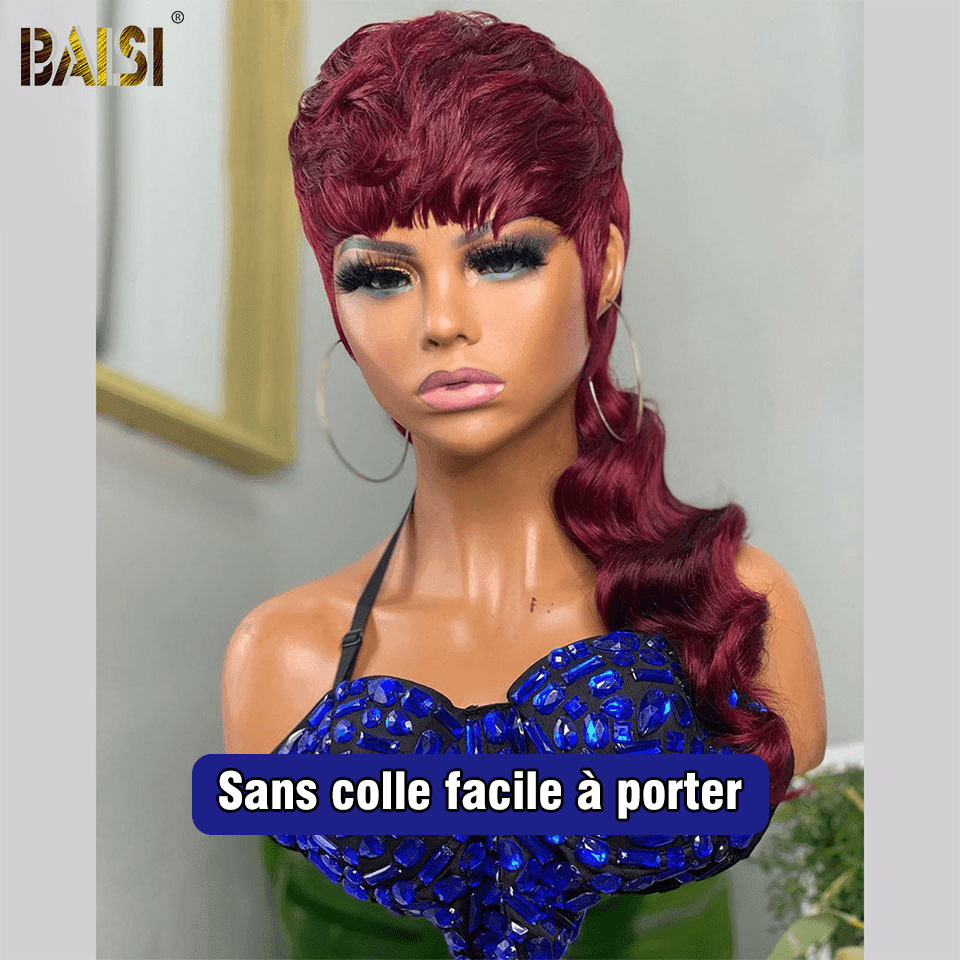 Parrucca stile MULLET modello top BAISI in Borgogna in capelli umani al 100% Realizzata con capelli vergini con doppie ciocche stirate dall'alto verso il basso stessa dimensione stesso volume più di 20 anni di utilizzo