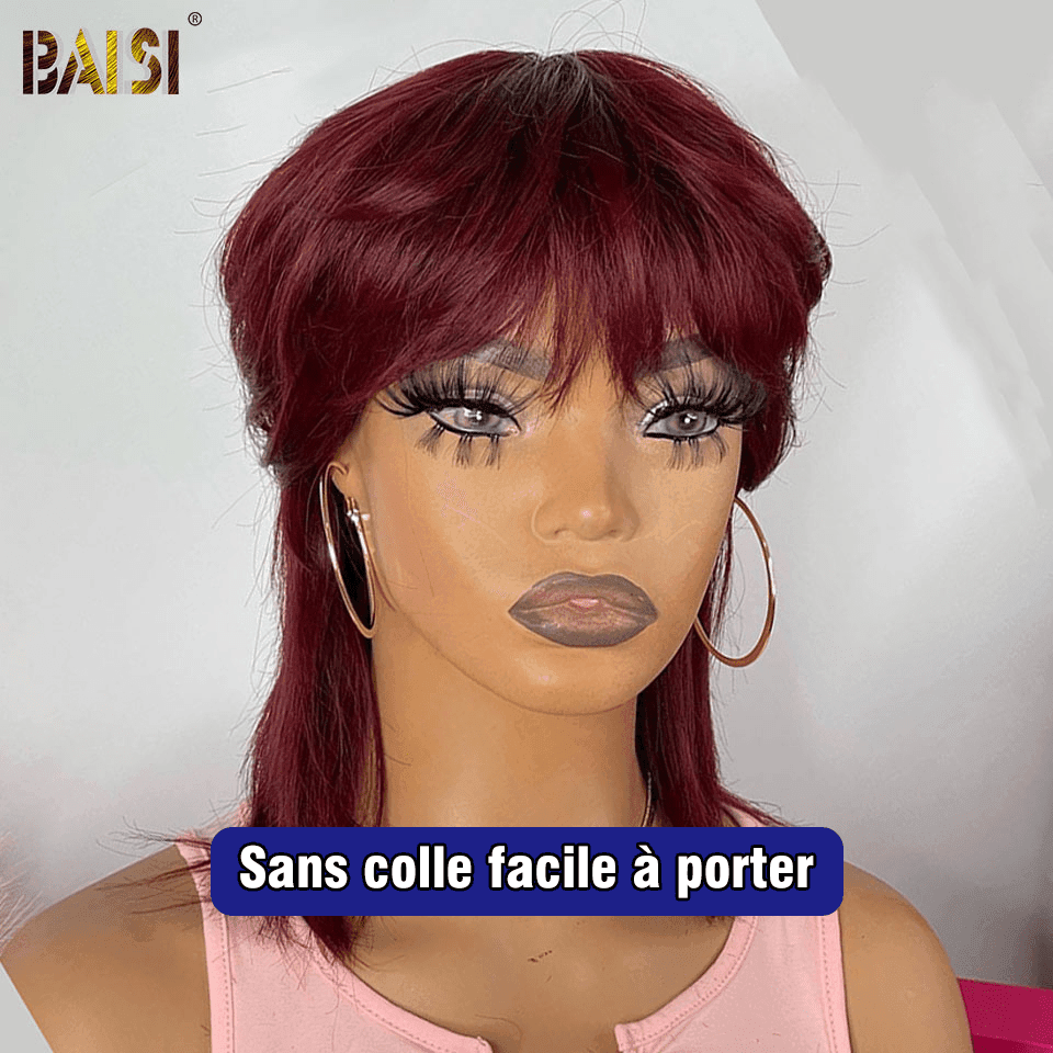 BAISI Perruque MULLET Style Courte en Bordeaux Sans Colle Facile à Porter en 100% Cheveux Humains