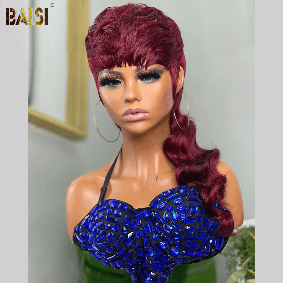 Parrucca stile MULLET modello top BAISI in Borgogna in capelli umani al 100% Realizzata con capelli vergini con doppie ciocche stirate dall'alto verso il basso stessa dimensione stesso volume più di 20 anni di utilizzo