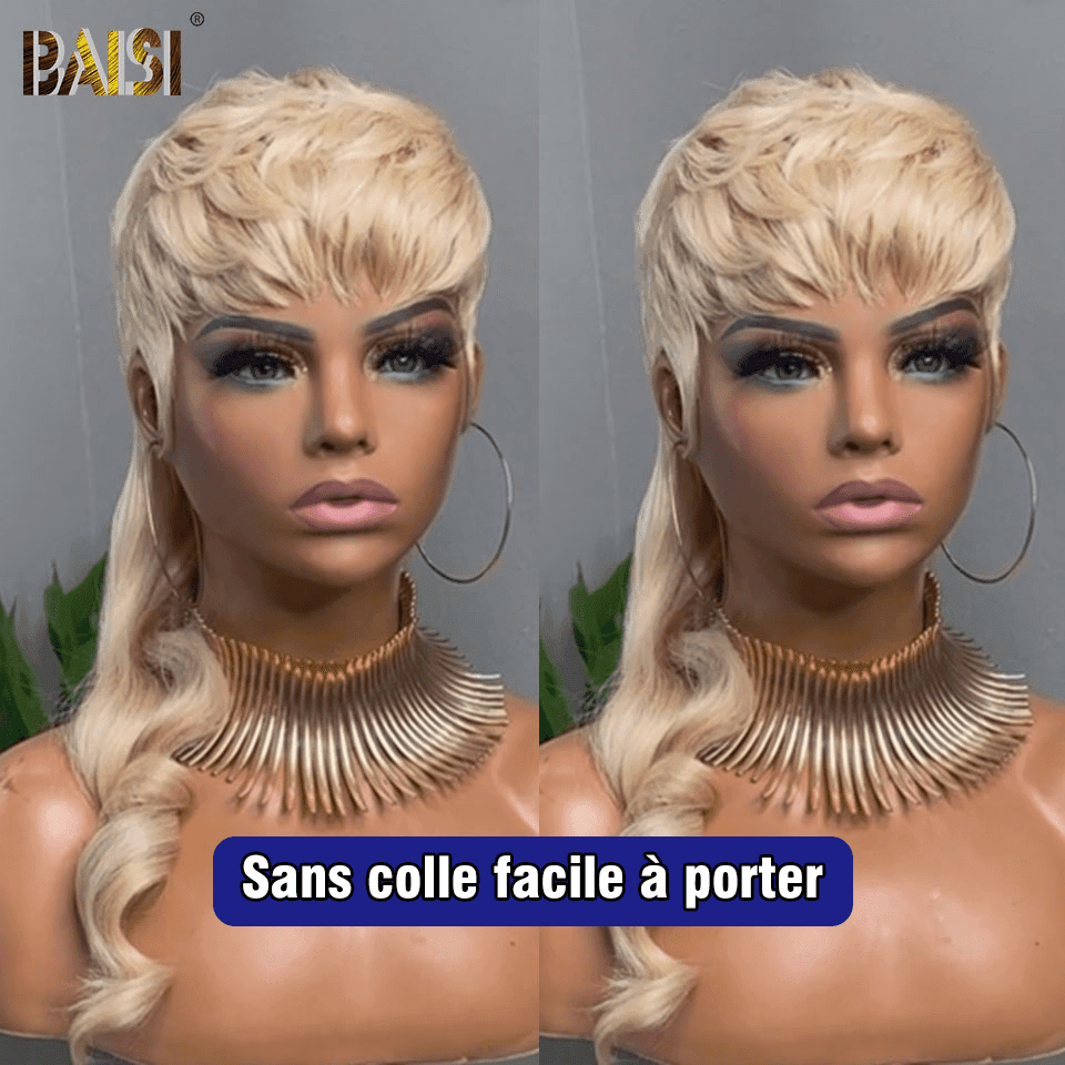 Parrucca stile MULLET modello top BAISI in bionda #613 in capelli umani al 100% Realizzata con capelli con doppie ciocche diritte disegnate dall'alto verso il basso stessa dimensione stesso volume più di 20 anni di utilizzo