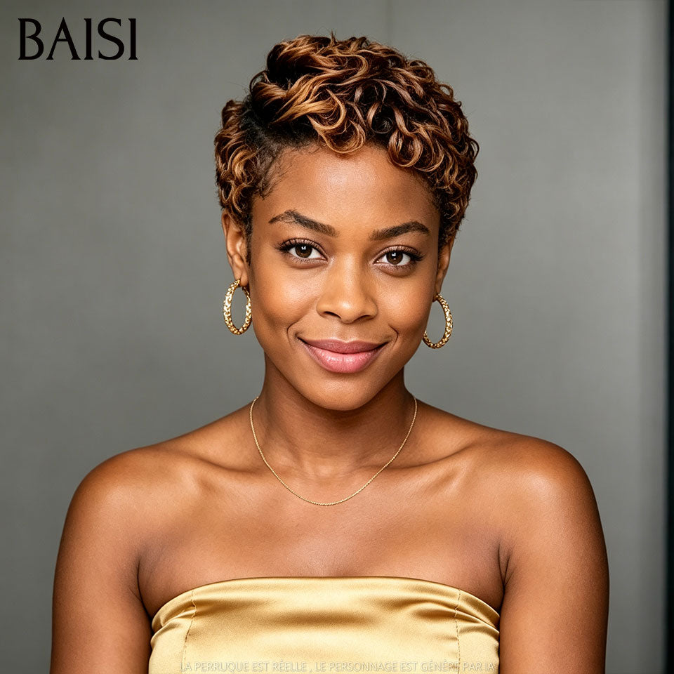 BAISI  Perruque Chiomas 59€ Pixie Finger Wave petite coupe Lace Frontale en Couleur NOIR 68€ En 100% Cheveux Humains