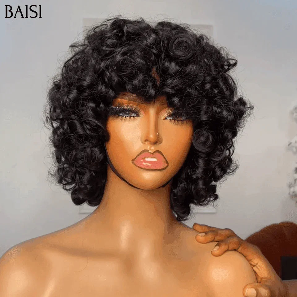 BAISI Offre Flash 77€ Perruque Bob EGG wave avec Frange en Noir Sans Lace en 100% Cheveux Humains