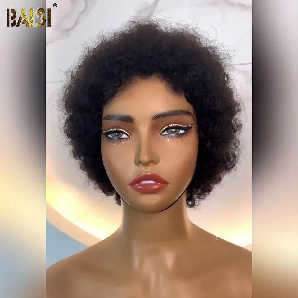 BAISI MARIA Perruque Pixie Curly 60€ ou Afro Sans Colle Sans Lace 100% Cheveux Humains