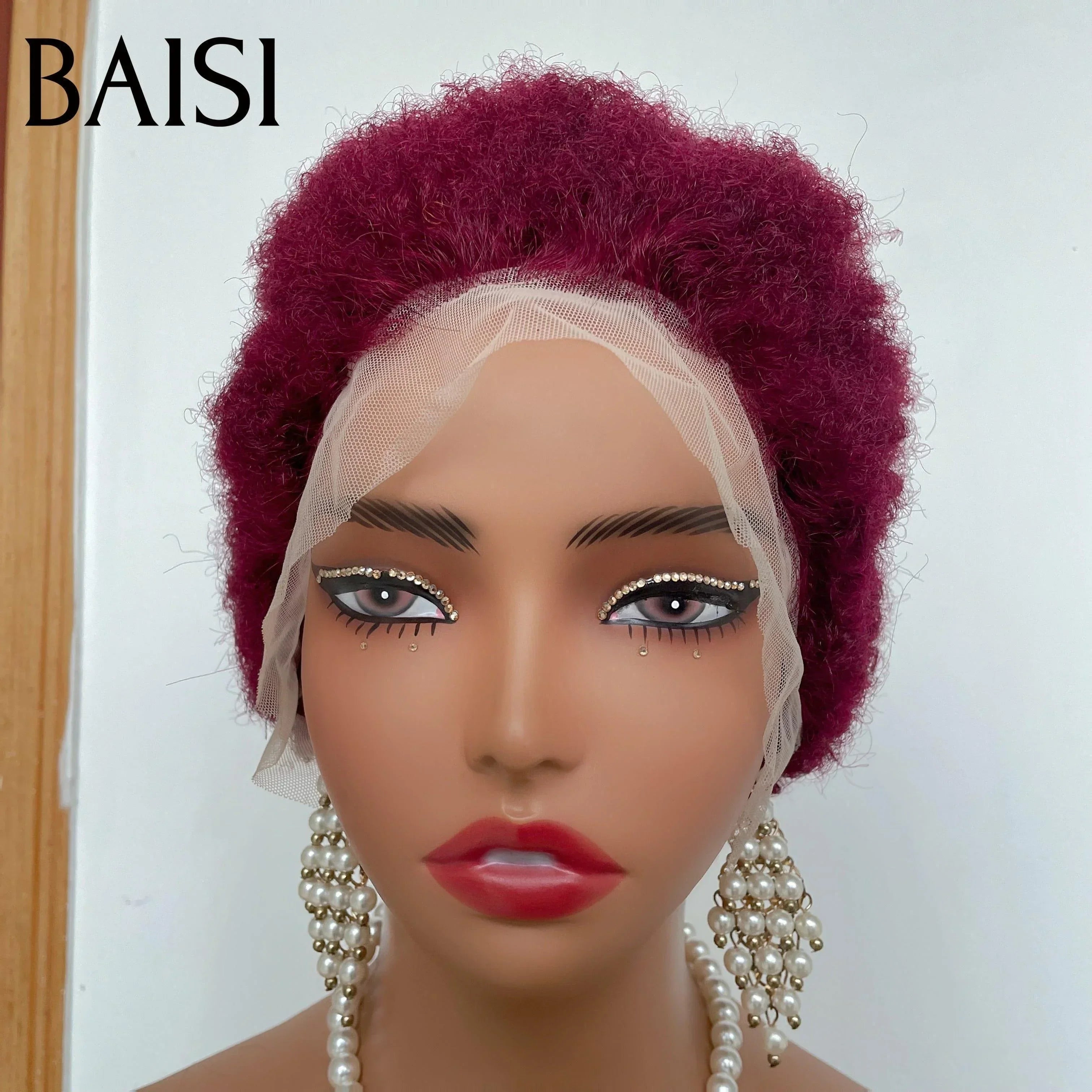 BAISI 13X4 lace frontal curly wave NOIR 50€ ou Sans Colle 48€ en Rouge Bordeaux ou 13X4 Perruques Pixie #905 afro curly  En 100% Cheveux Humains