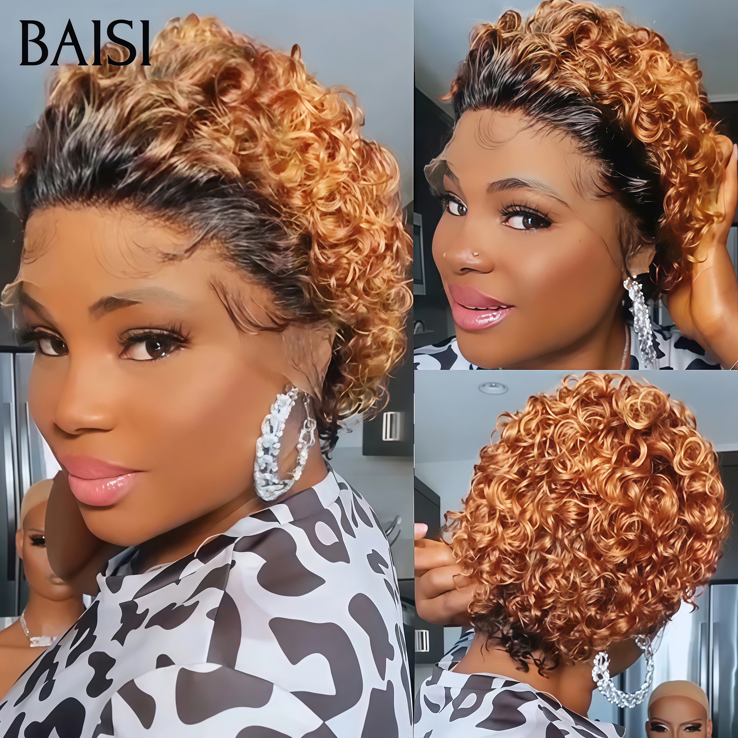 BAISI 13X4 lace frontal Perruque pixie Vague curly En Couleur Mixte brun ou Noir en 100% Cheveux Humains