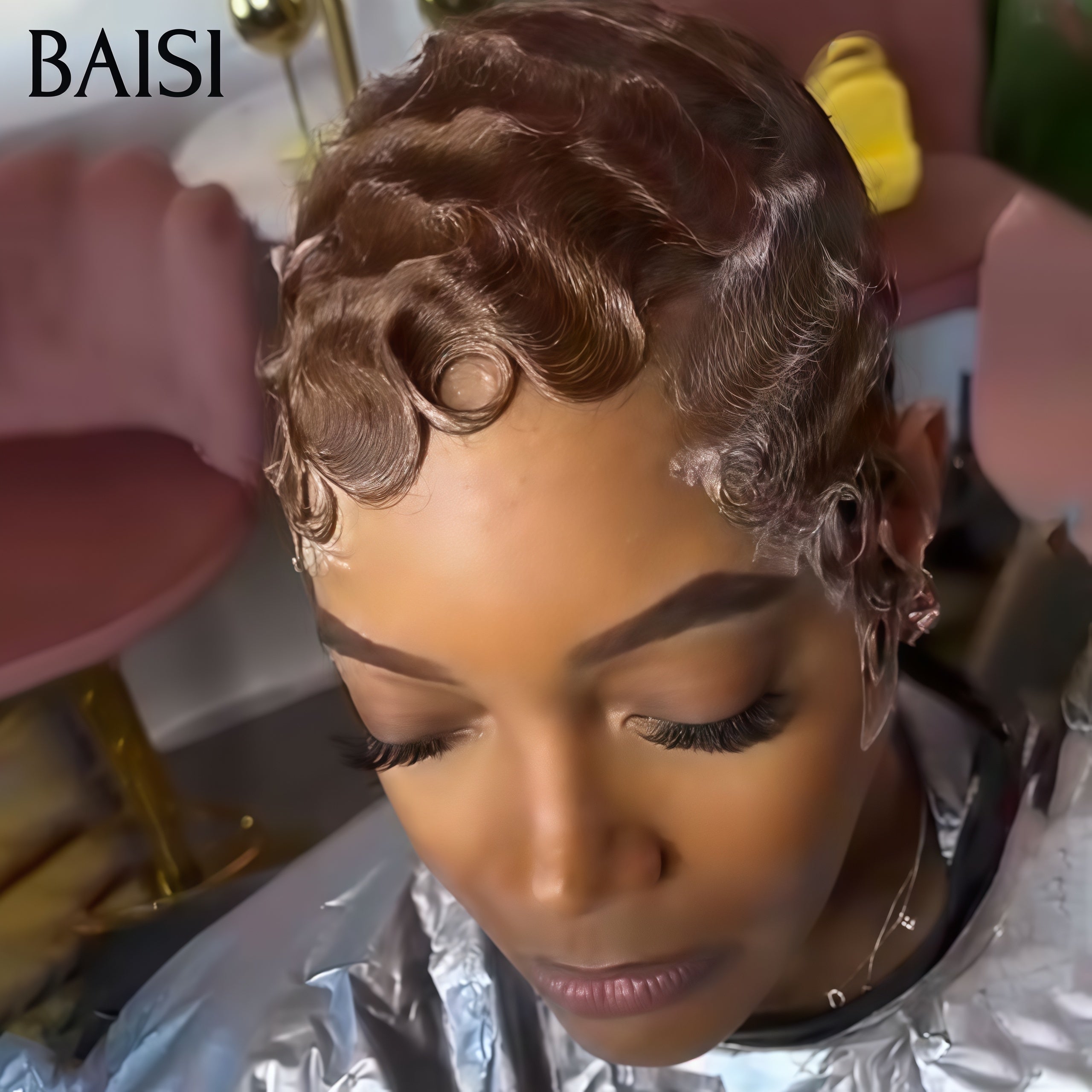BAISI Perruque Pixie water wave en Couleur marron 55€ Fabriqué à la Machine  En 100% Cheveux Humains BS60
