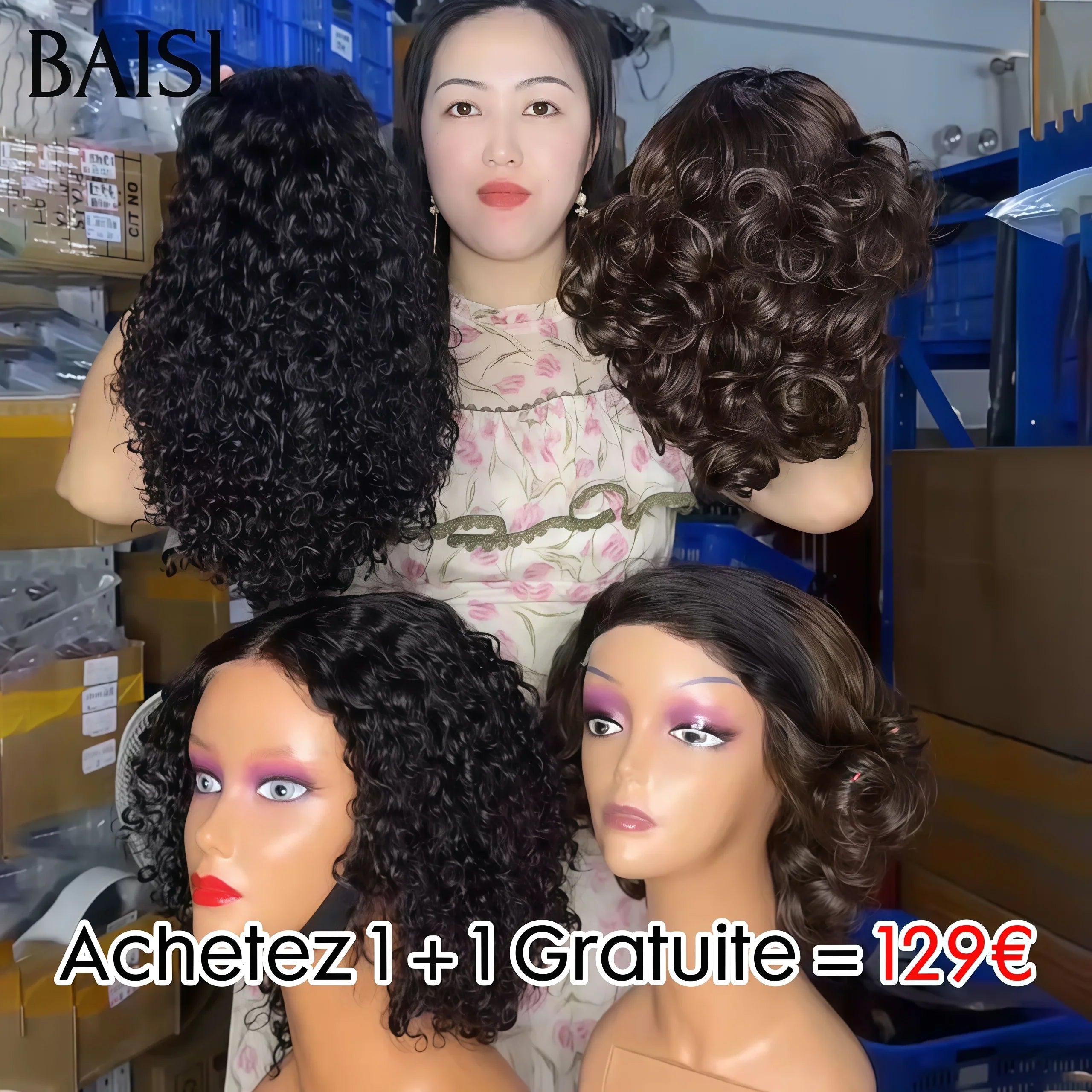 BAISI Achetez 1 + 1 Gratuite = 129€ 4X4 lace curly wave 10 pouces et 5x5 lace egg wave 10 pouces ou1 Acheté + 1 Gratuite = 158€ 13X4 lace pixie 99J# et bob blonde 4T613# en 100% vrais cheveux humains  (pas besoin de code)