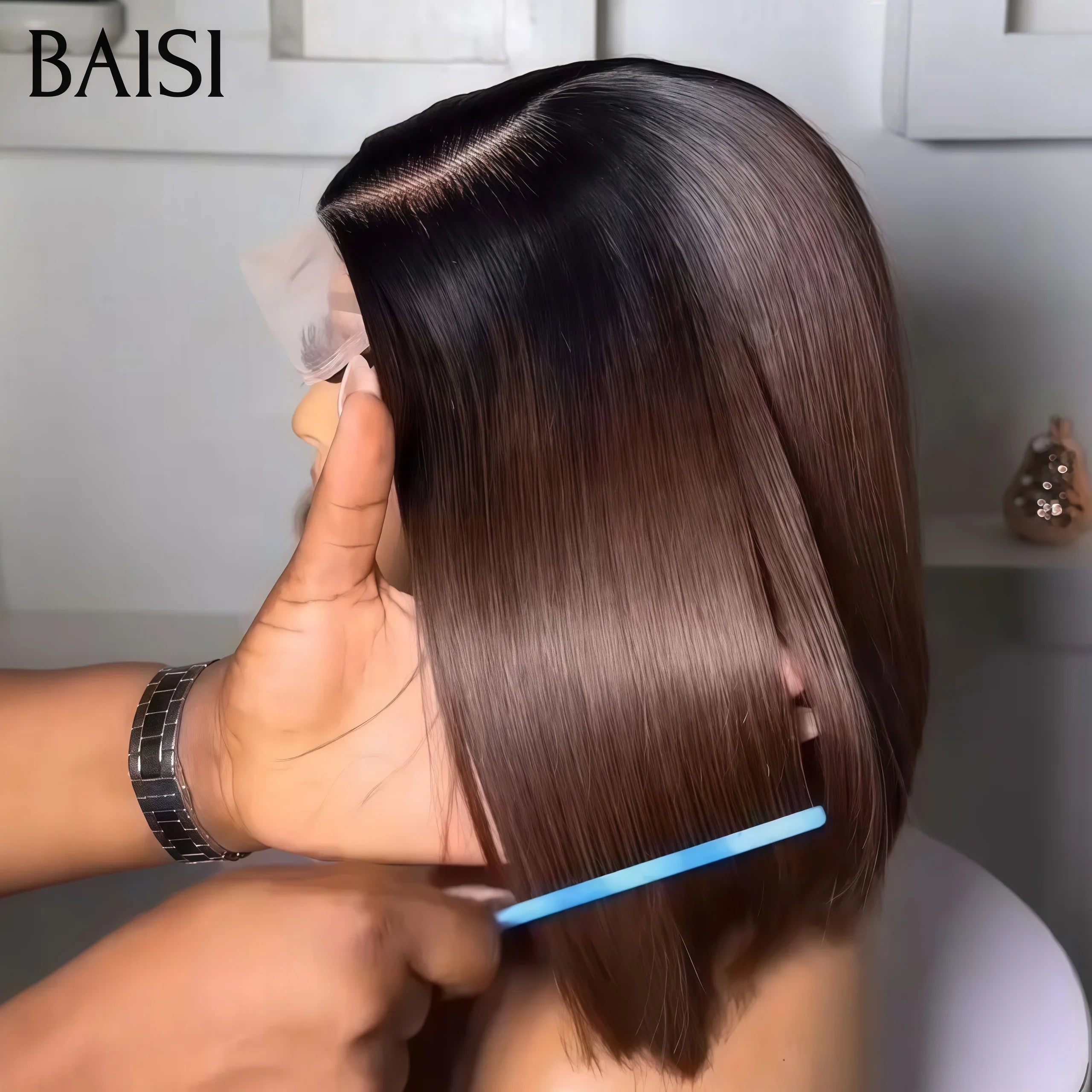 BAISI PROMOTION Perruque 4X4 lace Bob 10 Pouces Lisse NOIR ou 1BT4#  Moitié Prix en 100% Cheveux Humains MP50