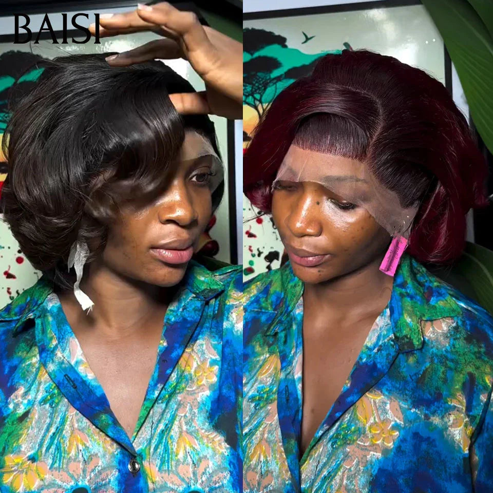 BAISI  2 perruques 180€ 13x4 lace frontal Body wave NOIR et curly wave Bordeaux ou 2 Perruques pour revendre 109€ 13X4 lace pixie Lisse 6 pouces couleur 99J# et 1BT4# en 100% vrais cheveux humains FR40