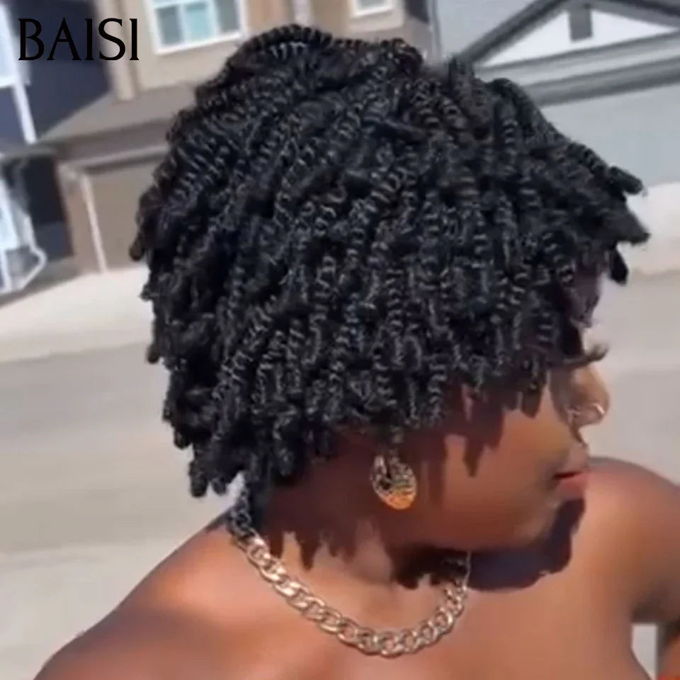 BAISI Perruque Full Lace 89€ 100% Cheveux Naturels Perruque Pixie petite coupe Raie sur le côté natte en Couleur Noir en 100% cheveux humains