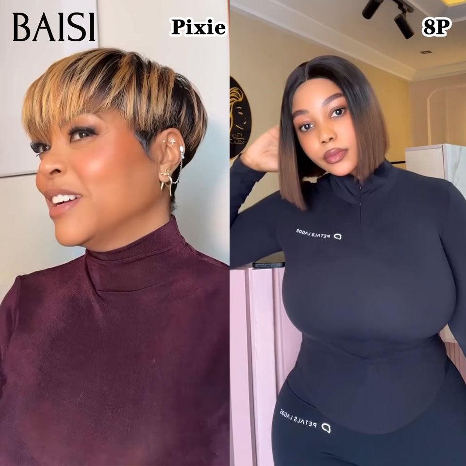 BAISI  2 Perruques pour revendre 150€ pixie mixte 6 Pouces ou 4X4 lace Lisse DE luxe 1BT4# 8 Pouces 200% densité en 100% vrais cheveux humains FR38