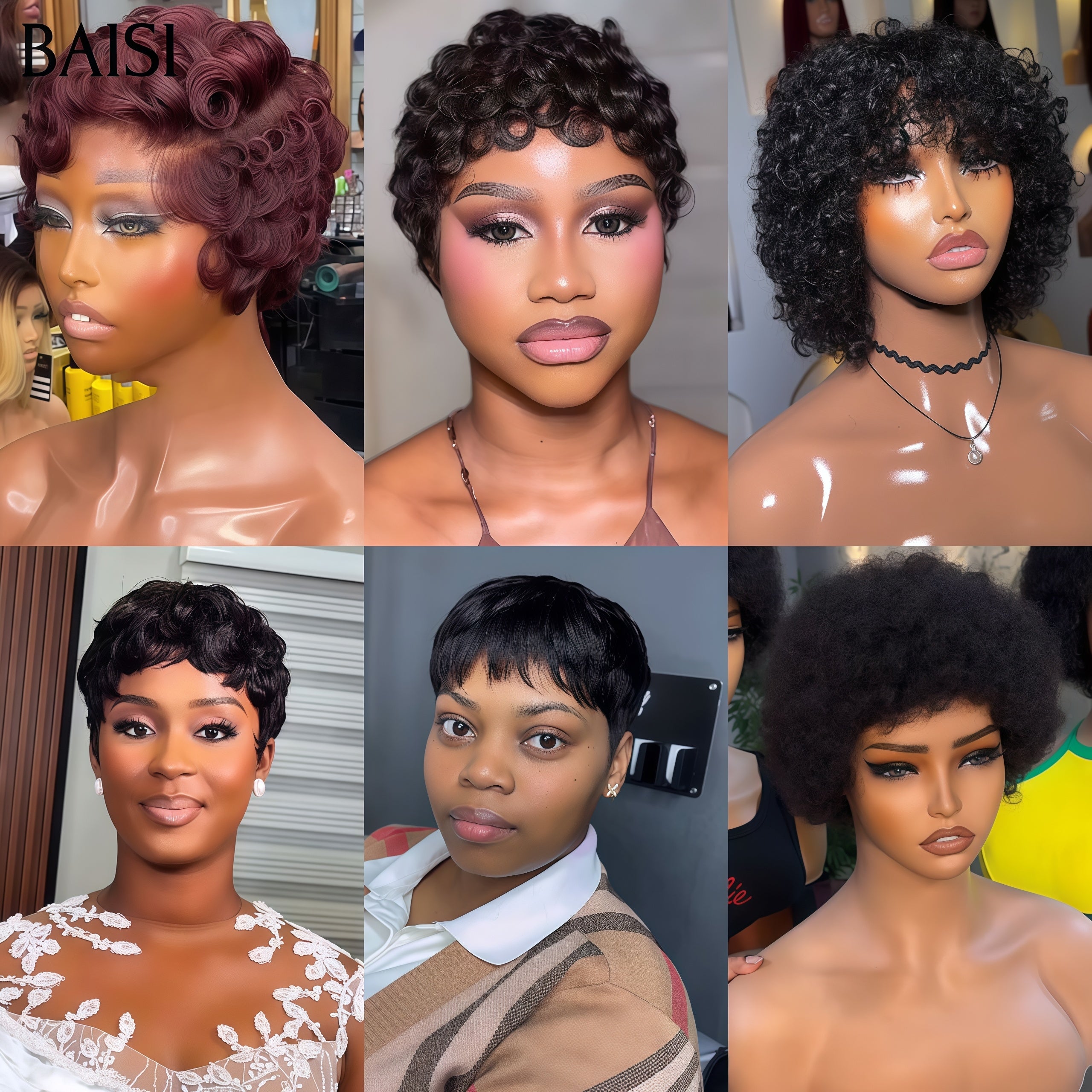 BAISI pixie 6 perruques 149€ PROMO 200% densité afro curly et lisse et finger wave sans lace sans colle en 100% Cheveux Humains fabriqué à la machine FR38