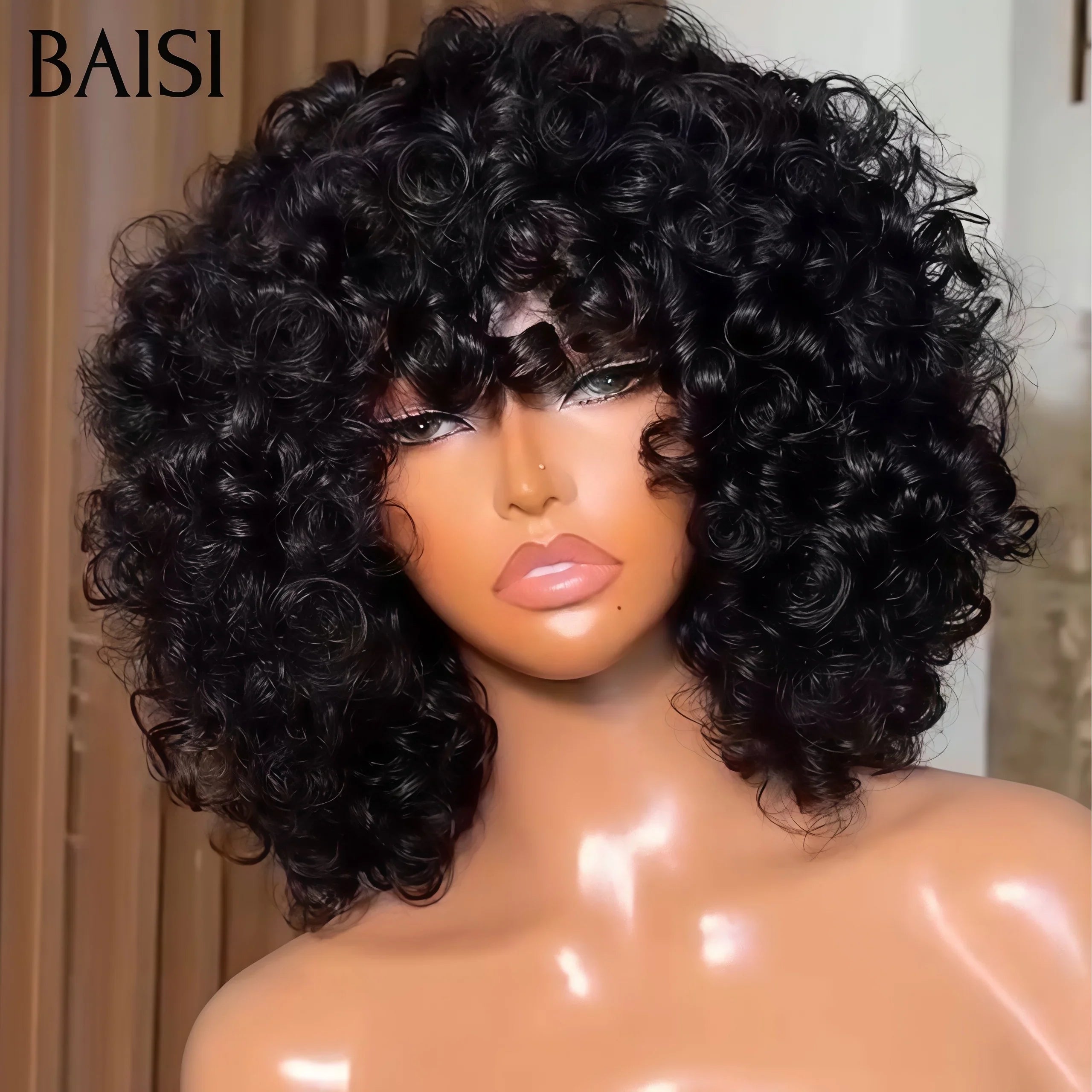 BAISI Perruques bouclé Wave avec Frange 14 pouces 250% densité sans colle sans Colle Fabriqué à la Machine en 100% Cheveux Humains