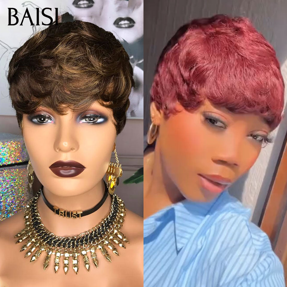 BAISI 2 Perruques Vente en gros 65€ pixie finger wave en couleur marron et Bordeaux sans Colle Fabriqué à la Machine 100% vrais cheveux humains